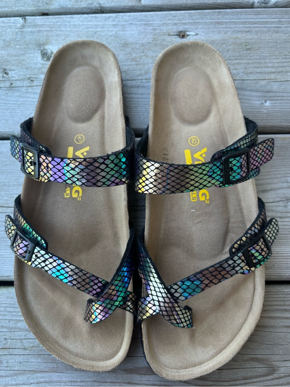 Women's 11 Euro 42 Viking Slip On Sandals Cork Sole Mermaid Metallic Comfort